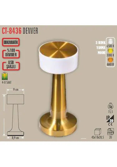 Denver Şarjlı Masa Lambası – 3 Renkli LED, USB'li, Bakır Tasarım