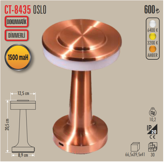 Cata CT-8435 Oslo Şarjlı Dokunmatik Masa Lambası – 3 Renkli LED, USB'li, Bakır Tasarım