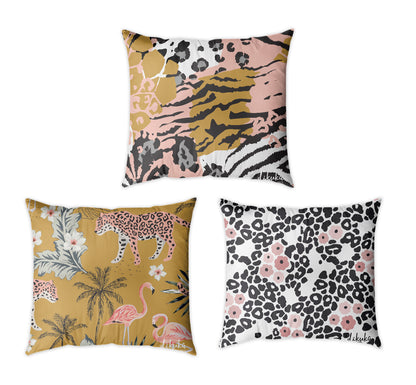 3'lü Set Hayvan Desenli Leopar Flamingo 43x43 Yastık Kılıfı