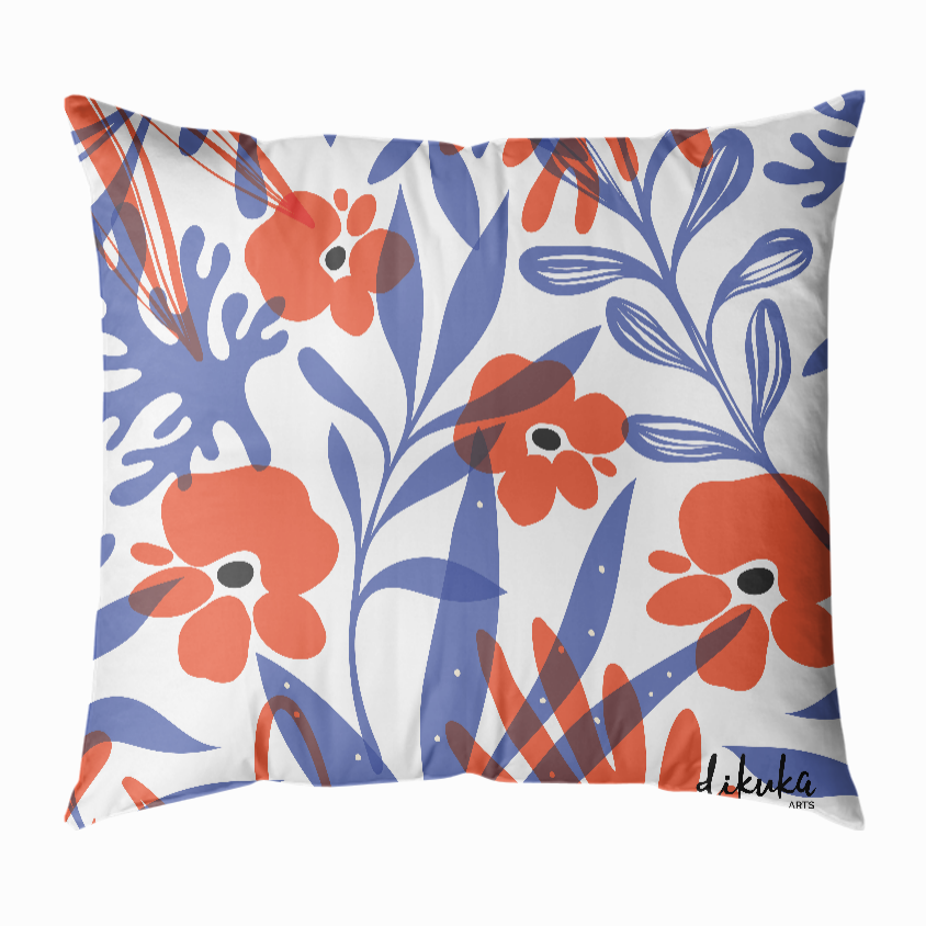 Çiçek Desenli Mavi Turuncu 1 43x43 Yastık Kılıfı