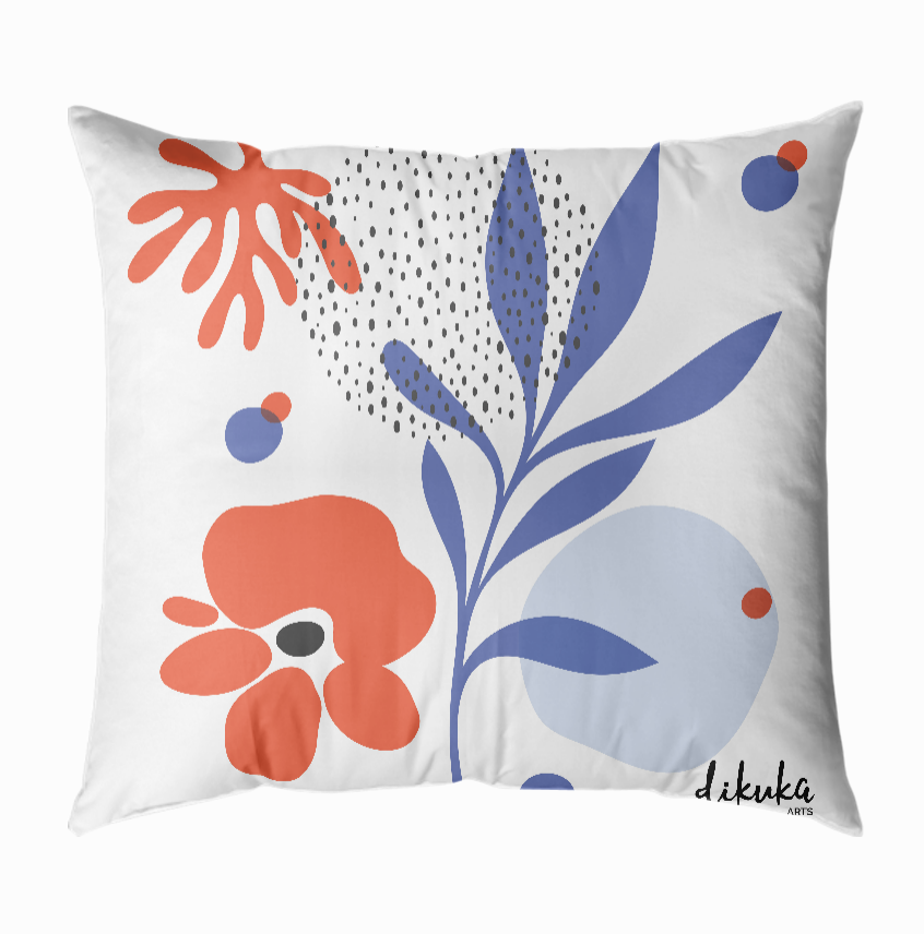 Çiçek Desenli Mavi Turuncu 2 43x43 Yastık Kılıfı