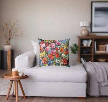 Bahar Bahçesi – Renkli Çiçek Desenli Dekoratif Kırlent 43x43 Yastık Kılıfı