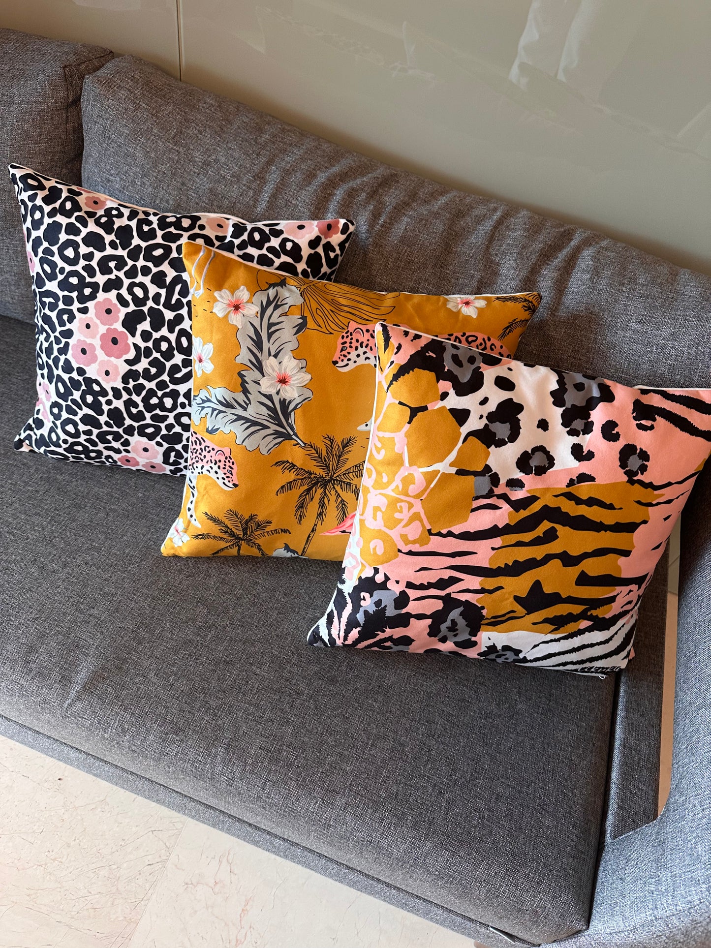 3'lü Set Hayvan Desenli Leopar Flamingo 43x43 Yastık Kılıfı