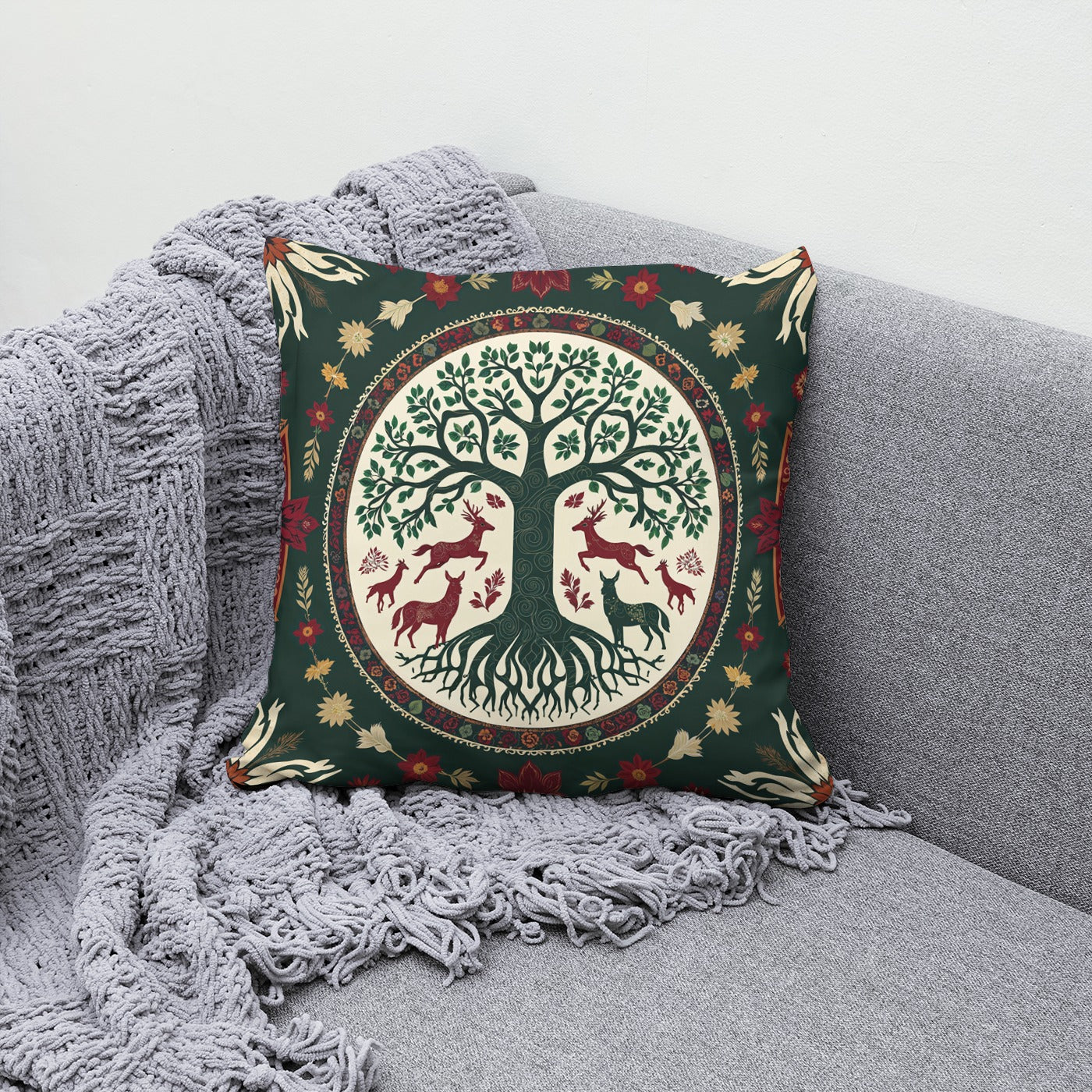 Hayat Ağacı ve Türk Tamga 2 Desenli Yastık Kılıfı | 43x43 cm