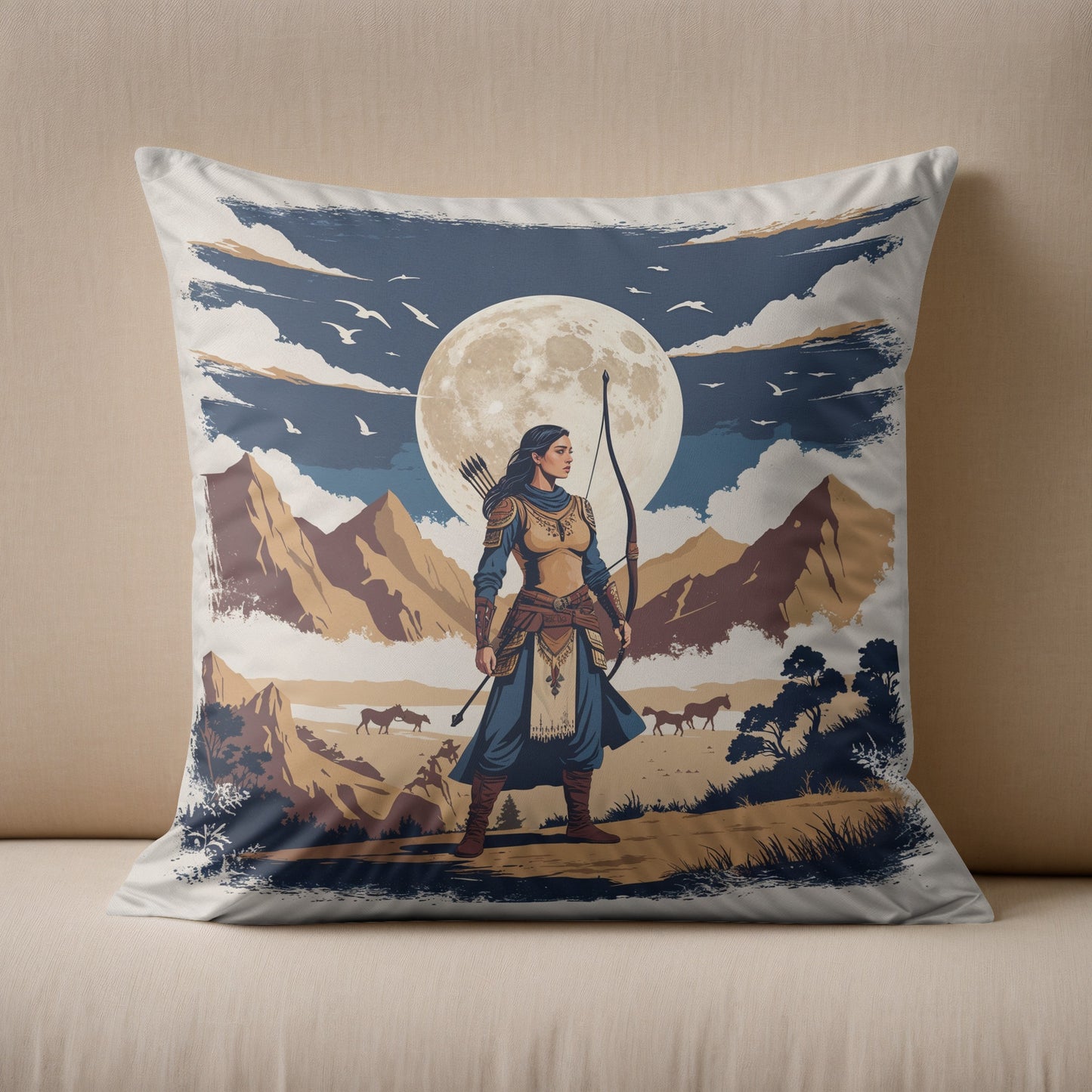 “Bozkırın Kızı” – Türk Savaşçı Kadın Temalı Yastık Baskı Tasarımı (43x43 cm)